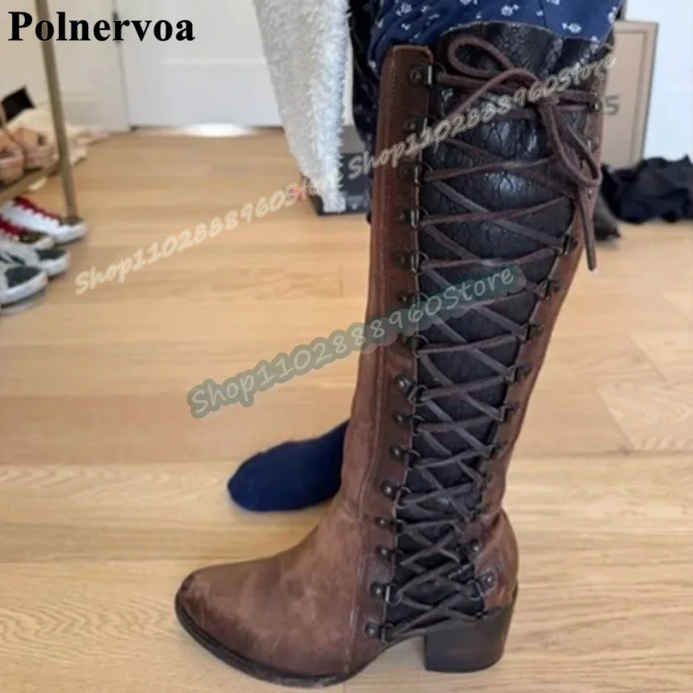 

Knee High Dark Brown Cross Tied Splicing Knight Boots Thick Heel Women Shoes Side Zipper Round Toe Occidental Zapatos Para Mujer