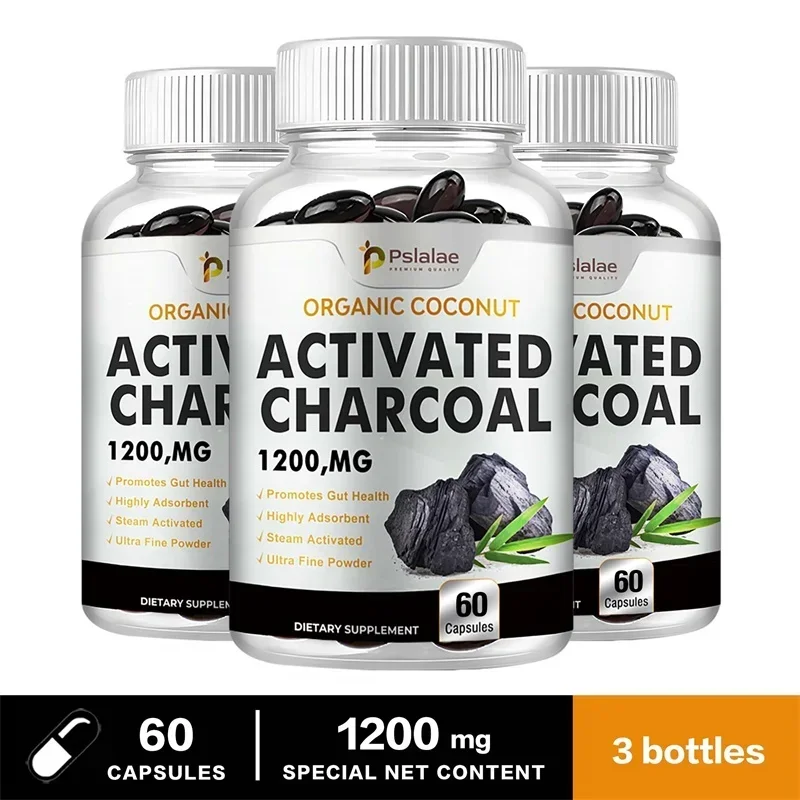 Organic Coconut Activated Charcoal Capsules - Helps Relieve Gas & Bloating, Detox and Lubricating, for Normal Bowel Function