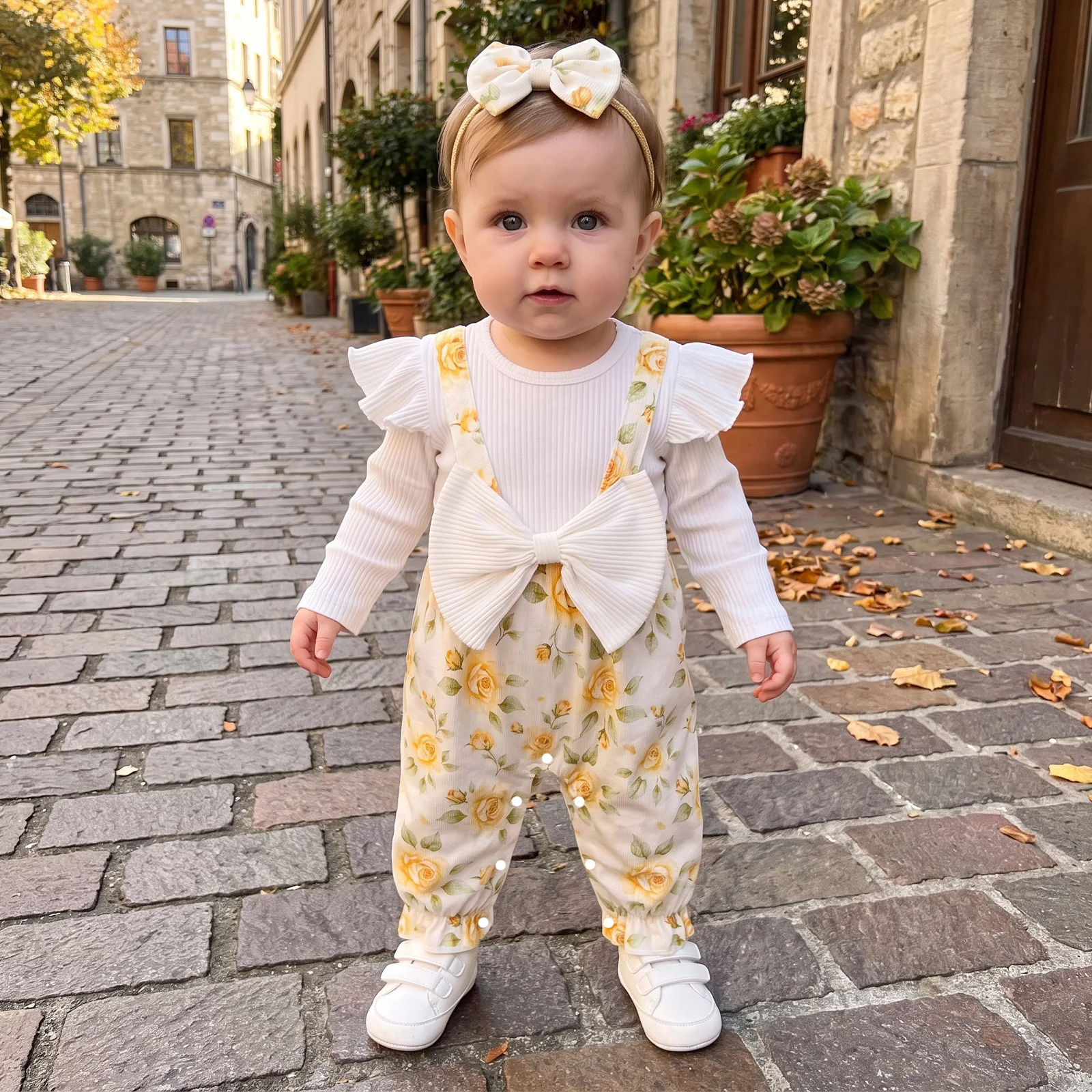 Baby Girl Floral Romper Ruffle Sleeve Big Bow Front Ribbed Jumpsuit with Headband Newborn Autumn Boho Outfit Clothes