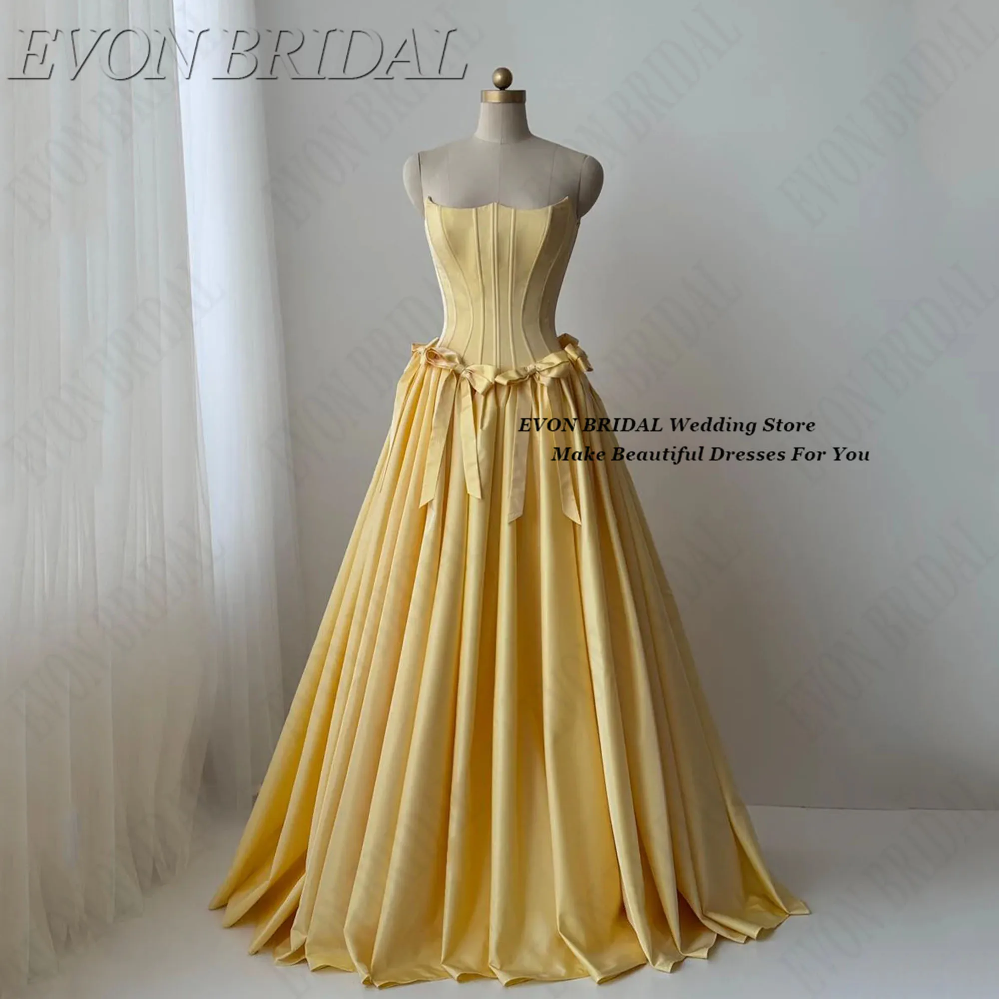 

Желтое вечернее платье с бантом на заказ, атласный корсет, женское вечернее платье, элегантное платье без бретелек для вечеринок, EVON BRIDAL, платья для торжеств Вечернее платье на заказ с желтым бантом, атласный корс