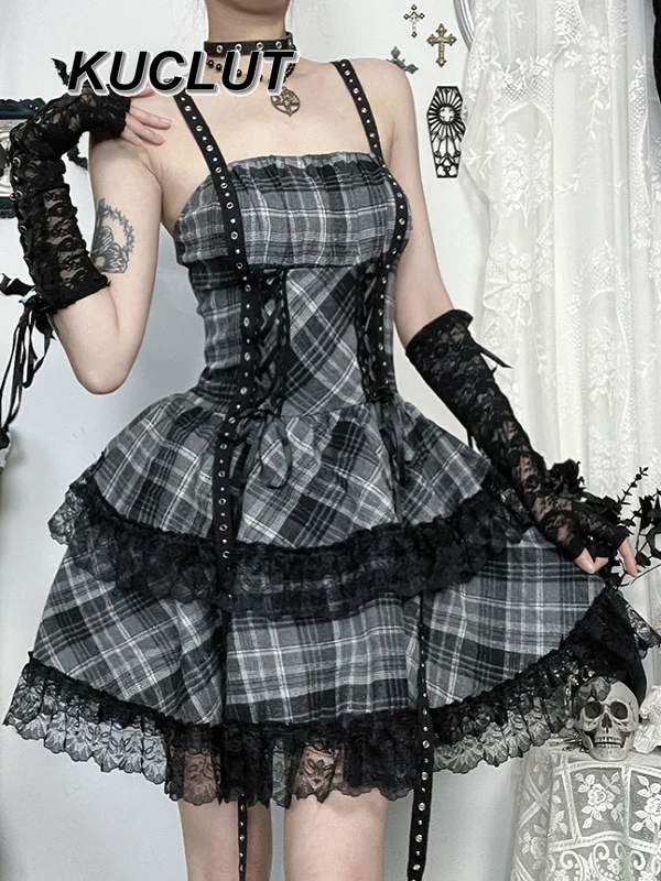 

Ladies Casual Elegant Y2k Dress Subculture Punk Style 2025 New Summer Plaid Lace Vintage Short Suspender Dresses for Women