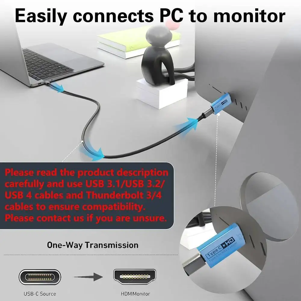 USB C Source Thunderbolt3/4 to 4K@60Hz HDMI-compatible Display Adapter for Macbook Pro Laptop To Target HD Monitor/TV/Projector