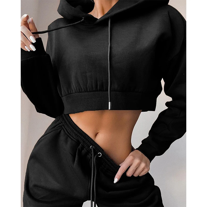 Korean Kpop Classic Hoodies Crop Tops 2 Piece Suits Women Autumn Casual Solid Slim Fit Pants Sweatsuit Pocket Grunge Streetwear