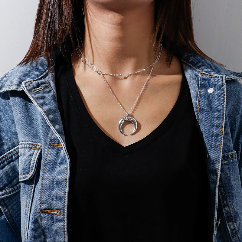 Aihua Mode Gold Farbe Doppel Schicht Mond Anhänger Halsketten für Frauen Luxus Design Glänzende Choker Halskette Schmuck Geschenke – Detail 3