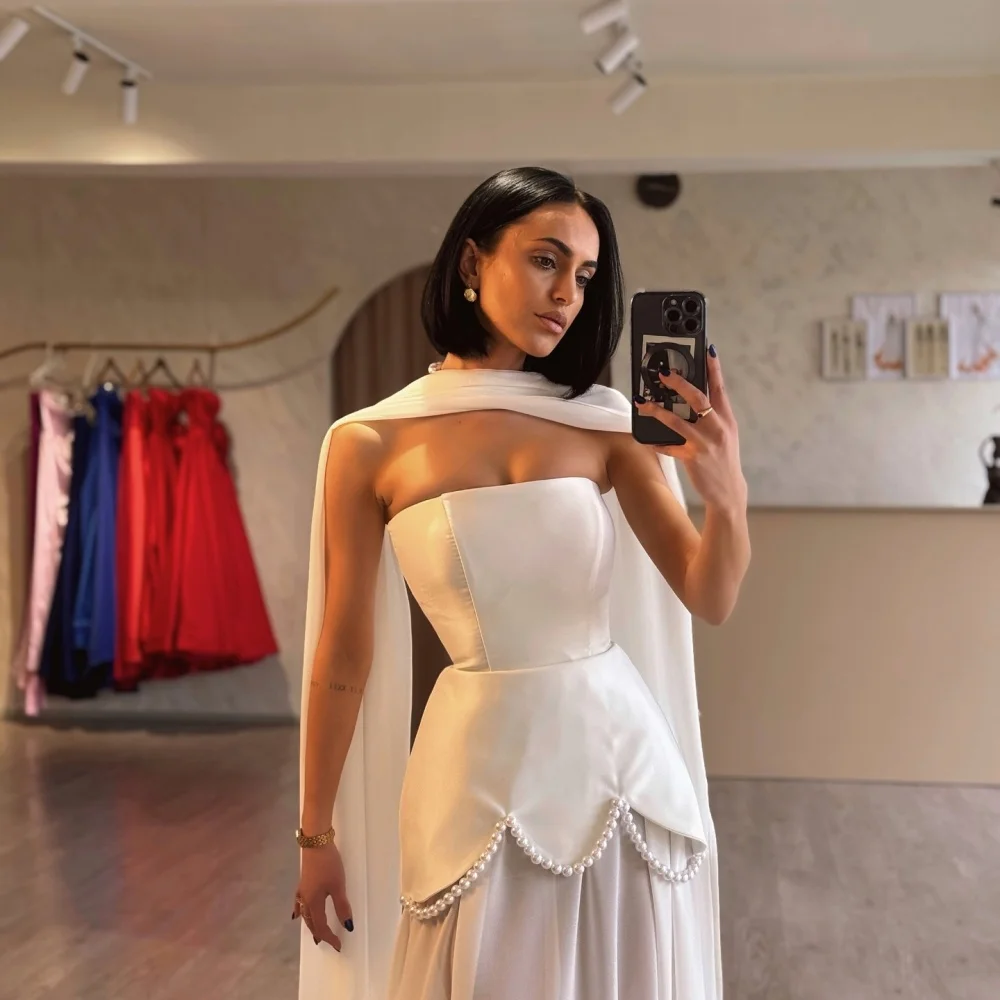 Amanda Customized White Pearls Strapless Two-Piece Set Prom Dresses Sleeveless vestidos de noche Satin A-line Formal Evening image 2