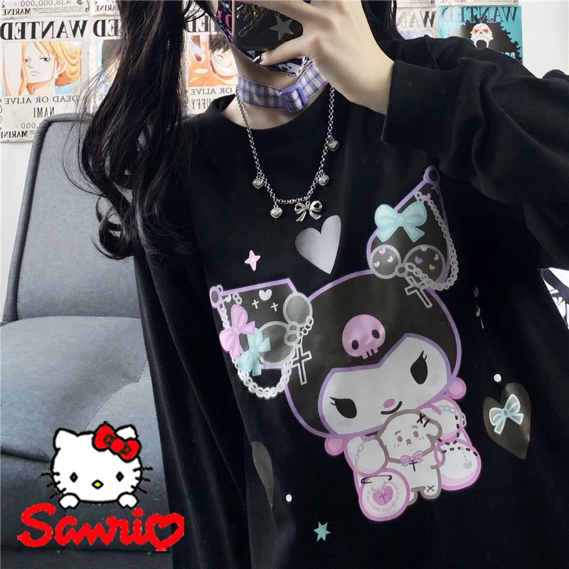 سانريو كورومي تي شيرت بأكمام طويلة كارتون موضة المرأة طباعة رقبة مستديرة قمة الخريف الشتاء الدافئة موضة الهيب هوب الشارع القمم #1