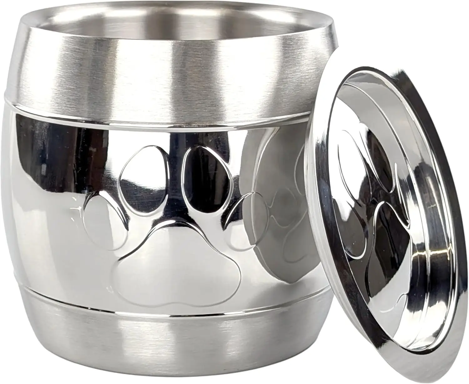 Contenedor de golosinas para perros con aislamiento de primera calidad, almacenamiento hermético de 12 tazas con diseño de huella de pata, acero cepillado plateado