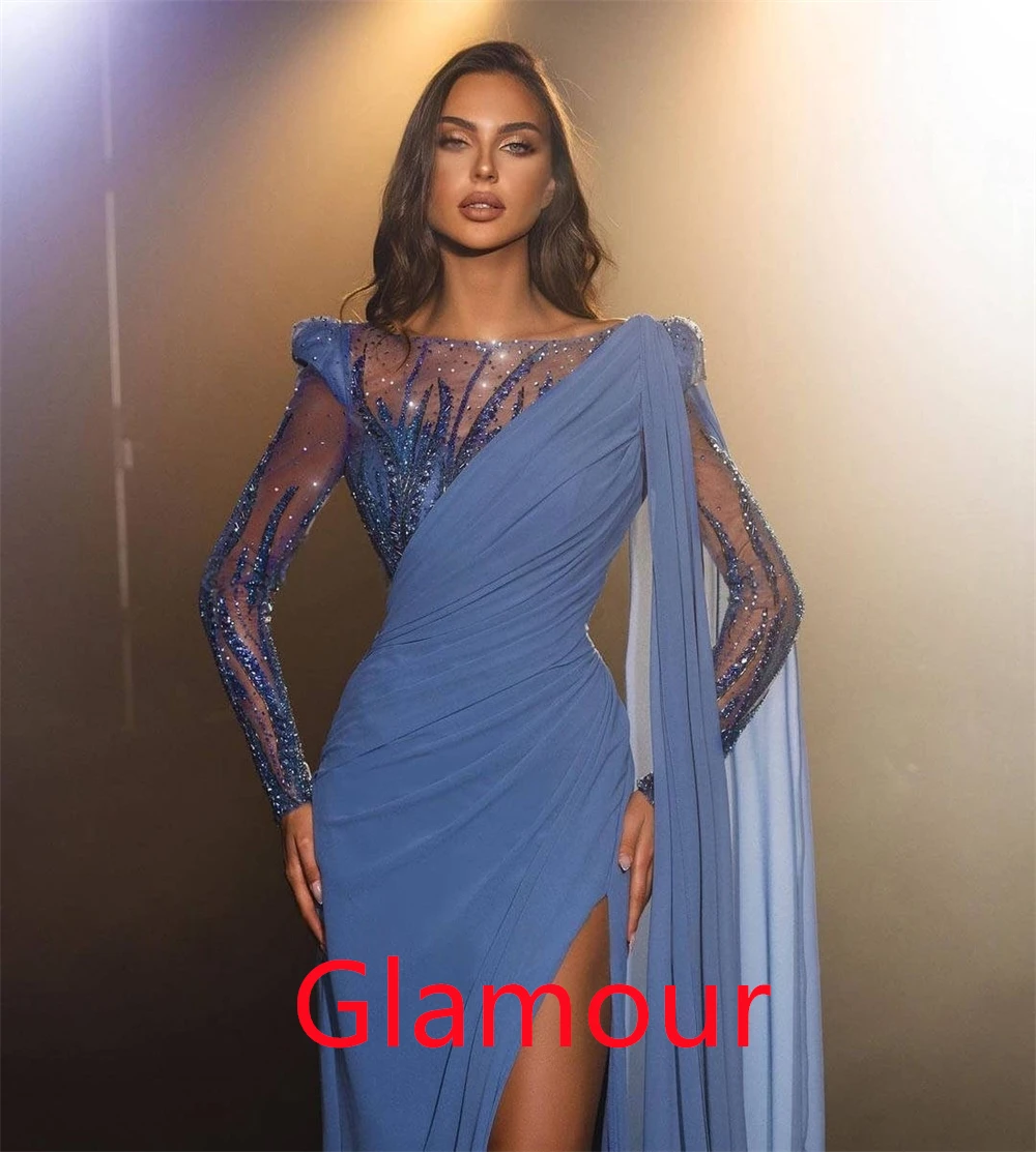 

Customized Modern Blue Chiffon Evening Dresses Temperament O-Neck Long Sleeves Prom Dress Luxury Bespoke Occasion Gowns