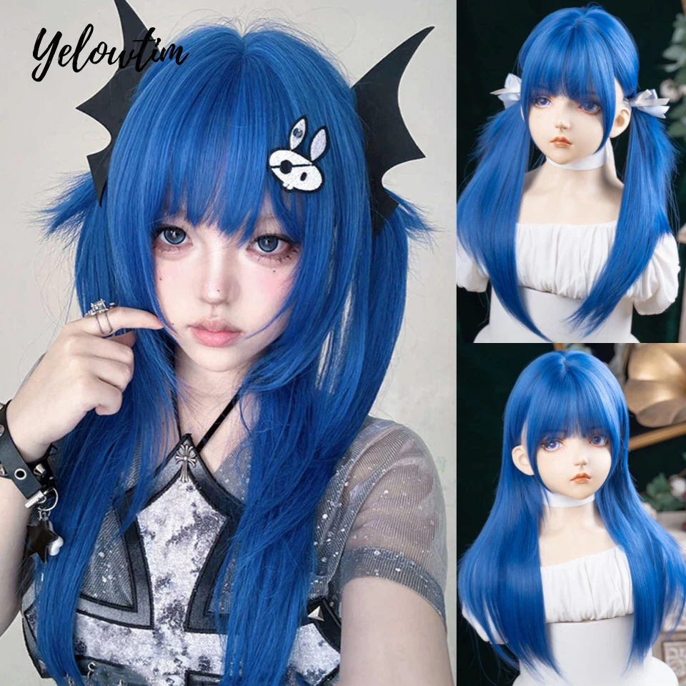 

LM Cosplay Wig With Bangs Synthetic Straight Hair High Layered Wig 24 Inch Long Heat-Resistant Blue Wig For Women