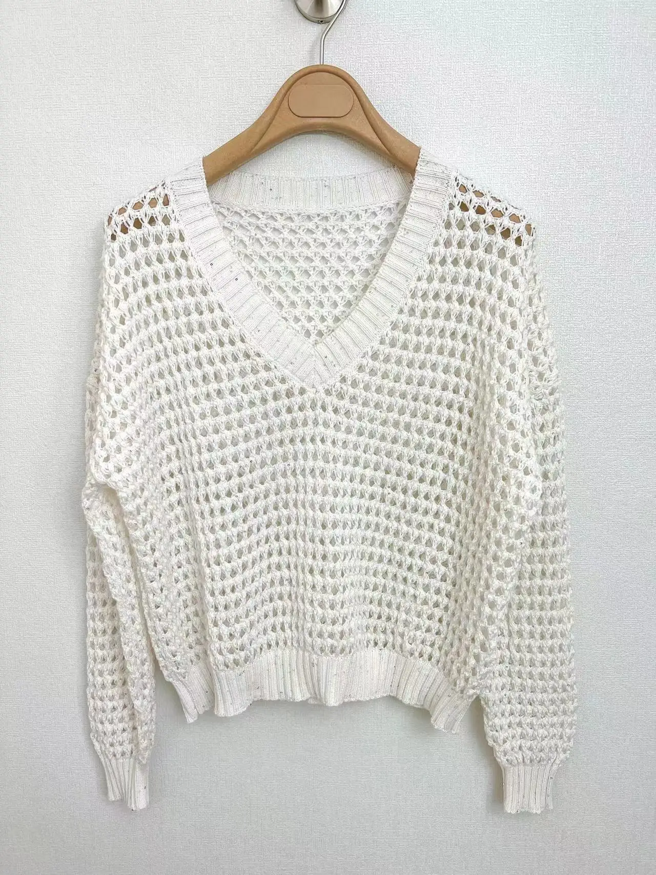 2024 Women's Spring/Summer V-neck Cotton Mesh Hollow Pullover Sweater