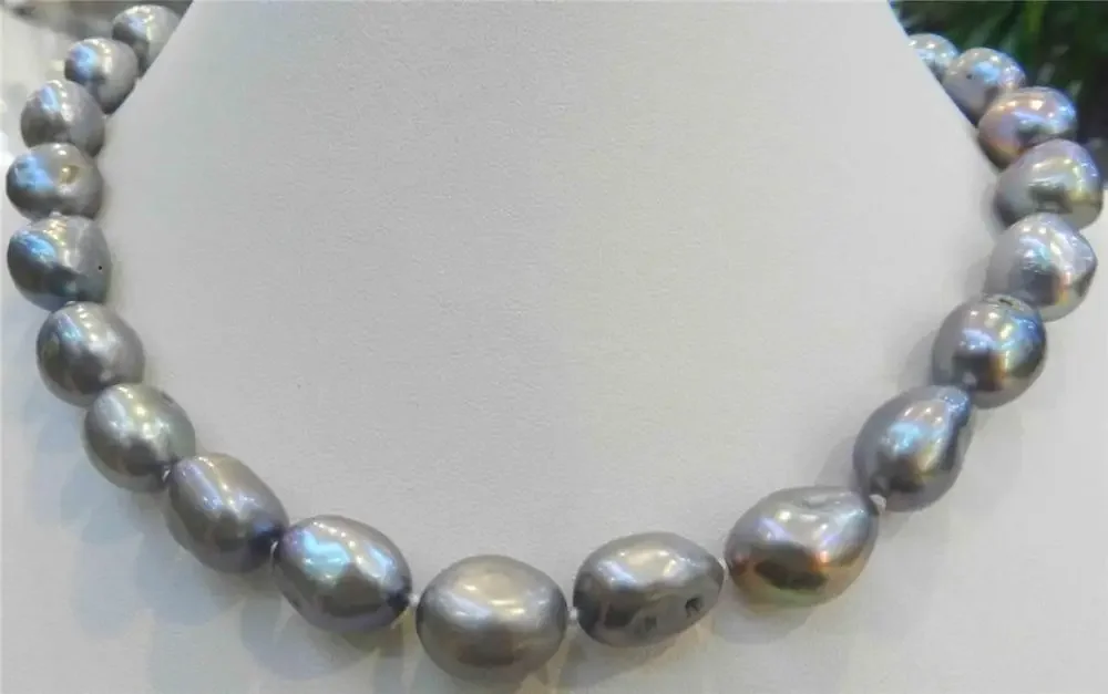 45CM LARGE 9-10MM A GRAY REAL BAROQUE CULTURED PEARL NECKLACE GP CRYSTAL AA