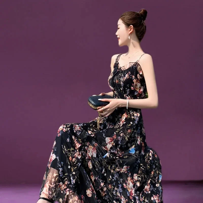 Français femme grande taille 4XL imprimé fleuri a-ligne robes été dames en mousseline de soie Maxi robe 2025 femmes bretelles longues robes