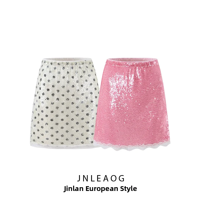 JNLEAOG Fashionable Sequin Embellished Lace Trim Elastic Waist  Skirt Women's Summer New Style French Style Straight Cut