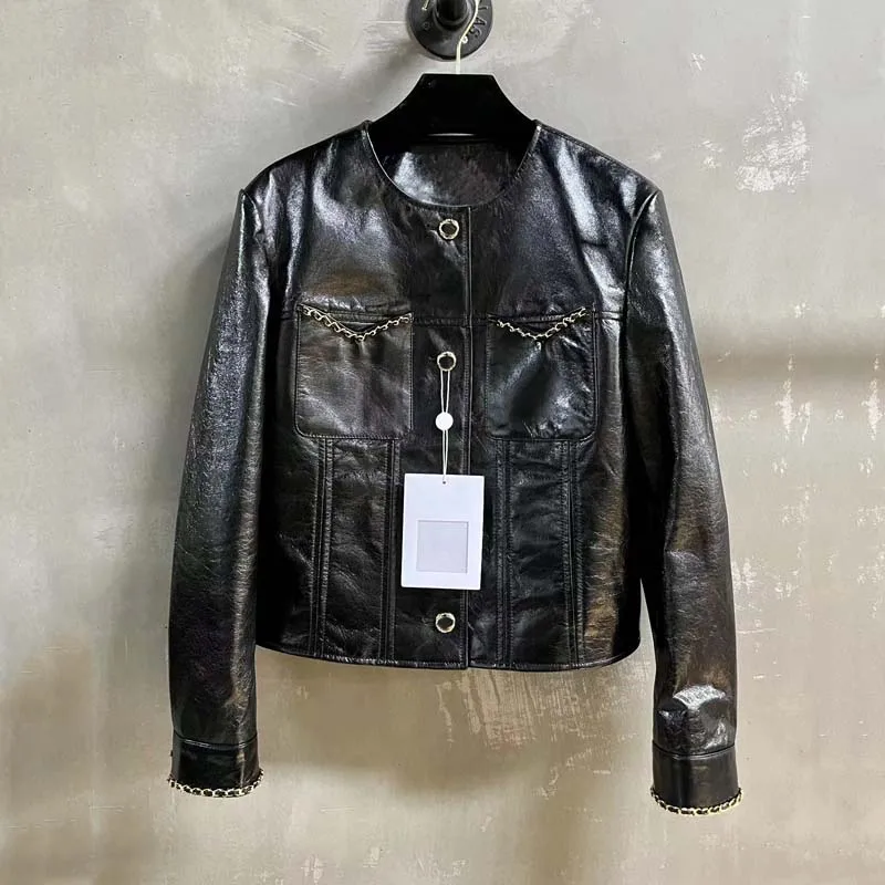 Genuine Leather Jacket O-Neck Collar Clothes Women Coat Spring New Arrival Patent Leather Aurora Craft Single Breasted