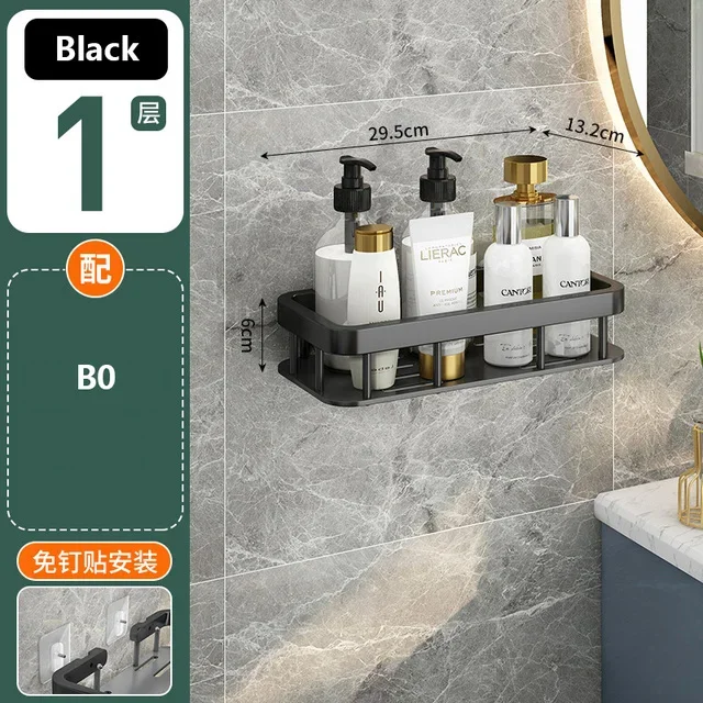 No Drilling Bathroom Shelves Black Shower Storage Holder Rack Shampoo Towel Shelf Bathroom Kitchen Storage Basket Accessories