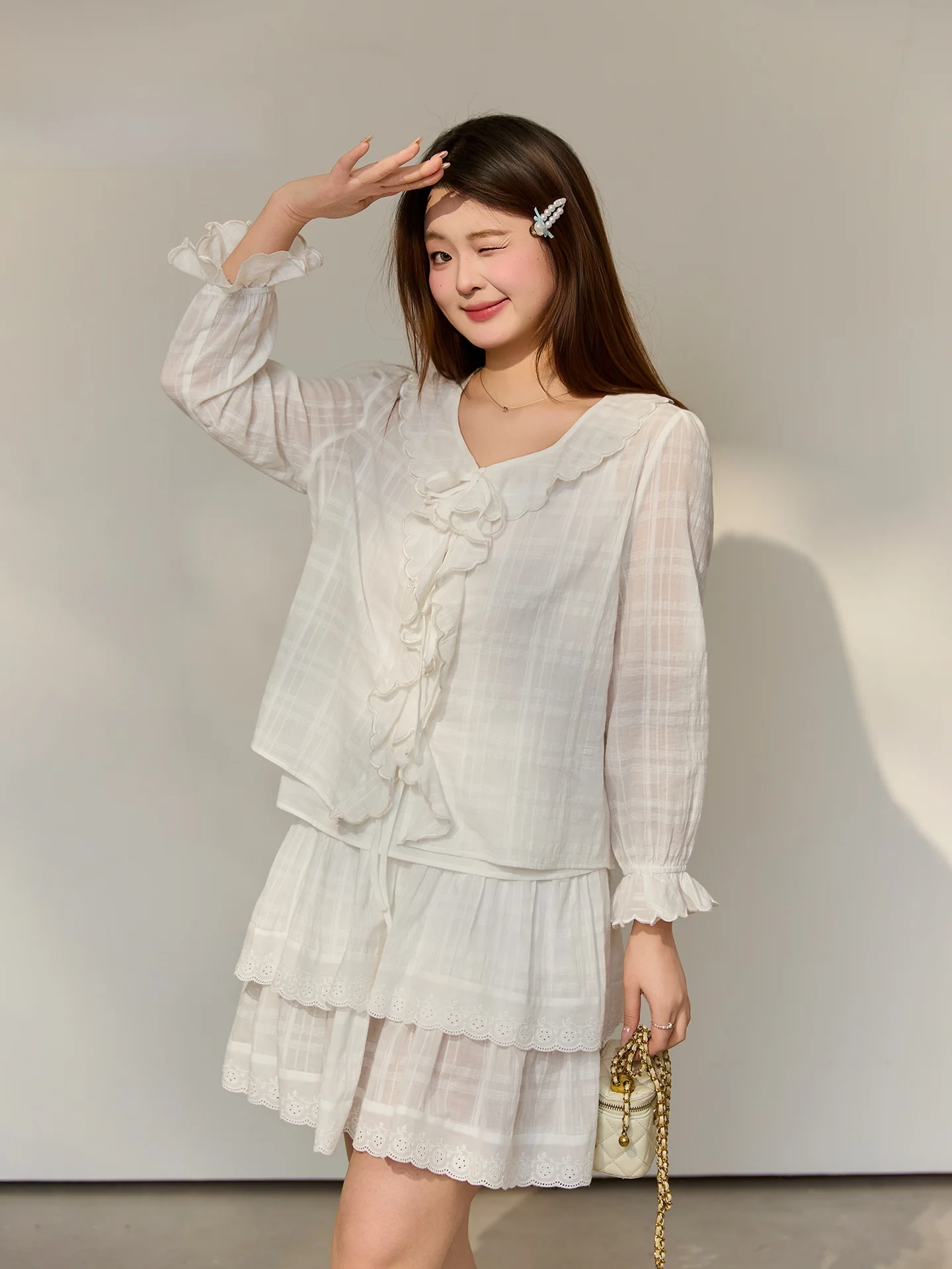 

DM00 plus Size Women's Cotton irt And Lace orts Set Spring Layering Texture Sweet Sle Casual Loose Fit round Ne