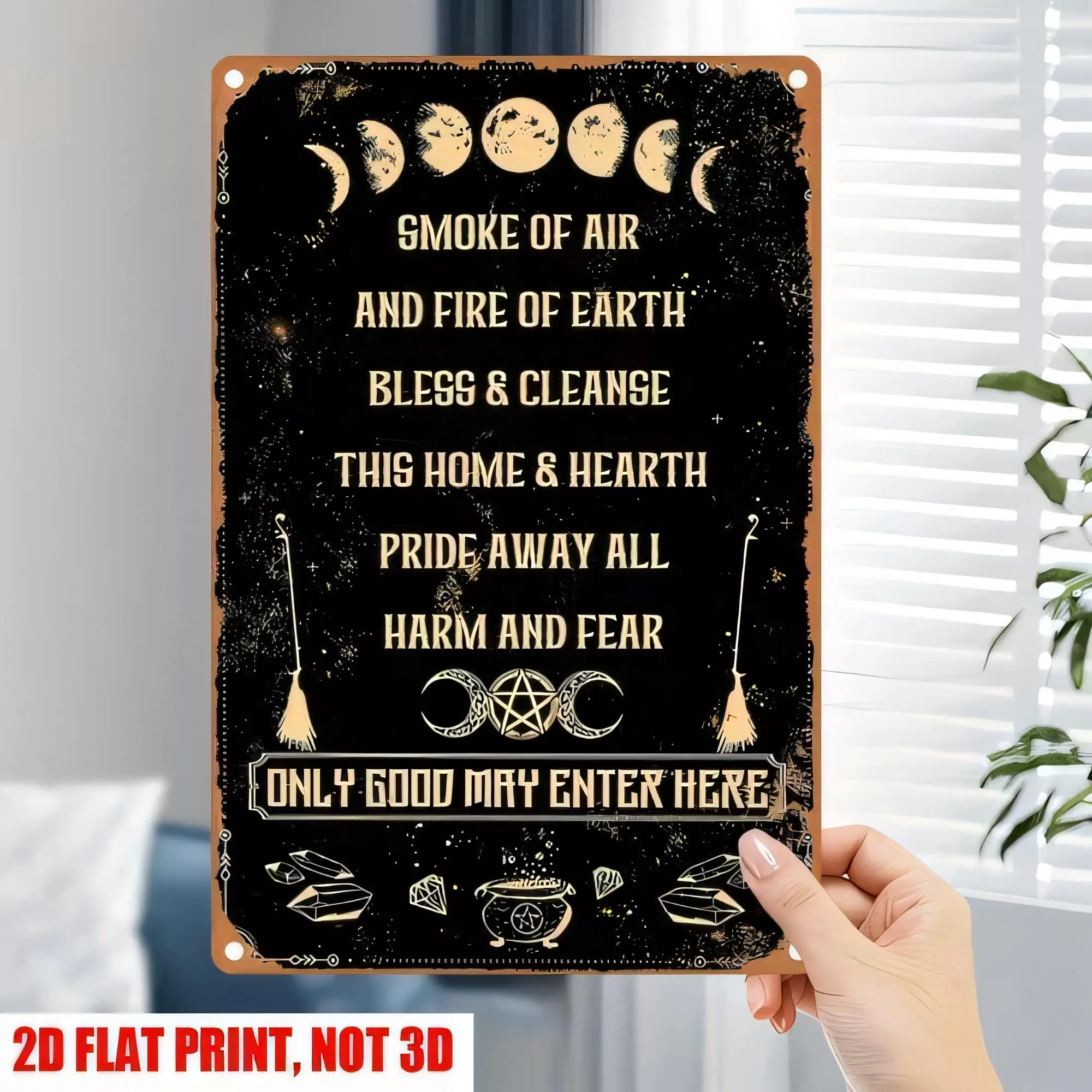 Tin Sign   Vintage Witchcraft Moon Pentagram Wall Art “Smoke Of Air And Fire Of Earth” Bless Cleanses Home Hearth Pride Away Har