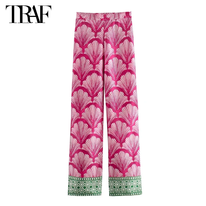 

TRAF 2024 Print High Waist Pants Women Straight Leg Woman Trousers Summer Holiday Pants for Women Satin Beach Women's Pants