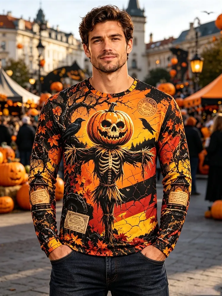 Men's Halloween Pumpkin Scarecrow Long Sleeve T-Shirt Skeleton Raven Tombstone Graphic Tee Spooky Streetwear Pullover Tops Gift
