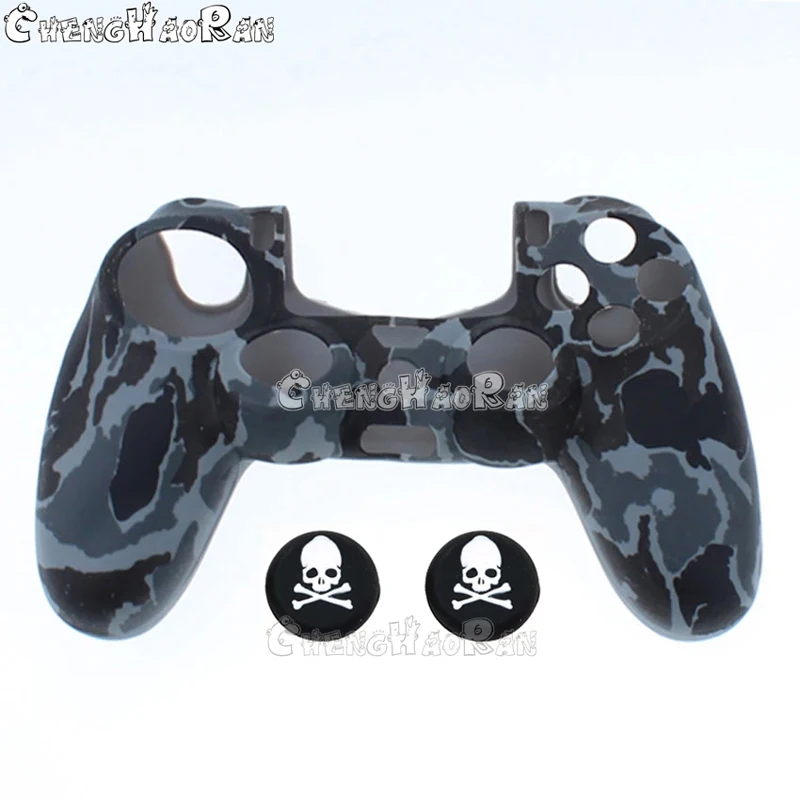 1set For PS4 PS4 Slim Pro Camouflage Color Silicone Skin Protective Case Cover Controller With 2pcs Skull Joystick Stick GripCap