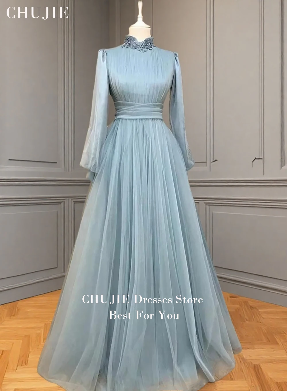 Sukienki wieczorowe muzułmańskie z długim rękawem, z wysokim dekoltem, zdobione aplikacjami z tiulu, skromne, formalne, damskie suknie balowe, stroje dla gości weselnych.