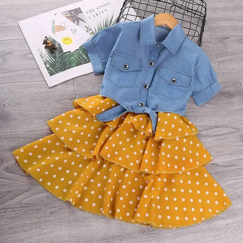 2Pcs Kids Dresses for Girls Elegant Sling Princess Dress Blue Denim Jacket 3-11 Years Girl Flower Dress Summer Children Clothes