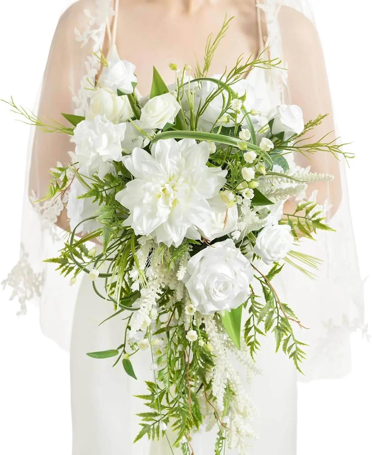 

White Green Bridal Bouquet for Bride, 13 Inch May Lily & Olive Wedding Bouquets for Bride, Wedding Artificial Flowers Bouquets