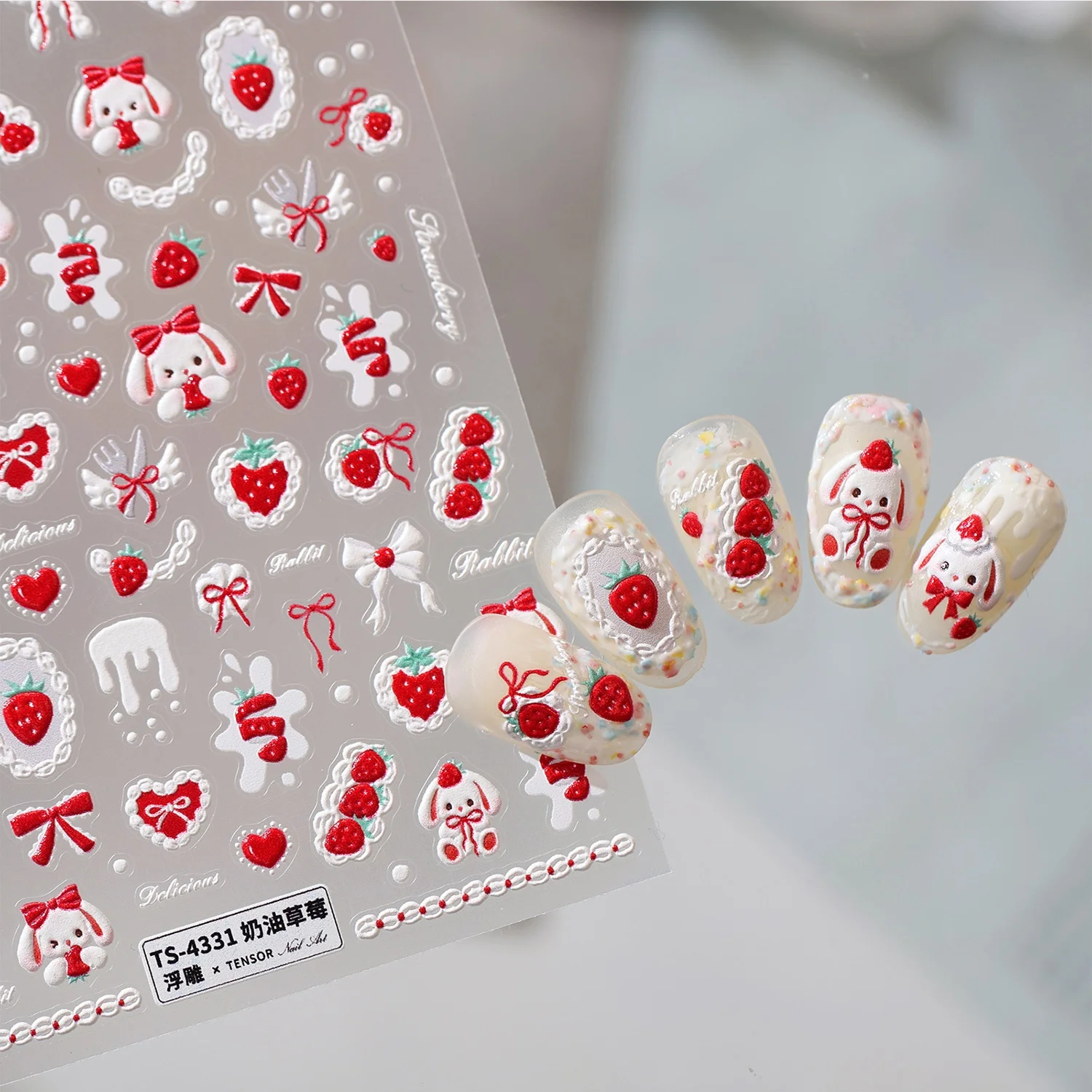 Sweet Strawberry Red 5D Embossed Nail Stickers Bunny Heart Streamer Bow Cream Drip Self‑Adhesive Nail Decoration Accessories