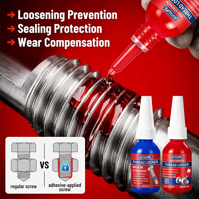 Loolifl Thread Locking Agent, Red High-Strength: Compared to Blue Medium-Strength Anaerobic Screw Sealant, Anti-Vibration and Anti-Loosening Bolt Adhesive, Anti-Rust, Corrosion and Wear Compensation, Heat-Resistant Thread Locking Adhesive Suitable for Metal Bolts and Nuts Fasteners, Blue Version Can Be Removed by Hand Tools, Industrial Automotive Machinery Repair Thread Sealant