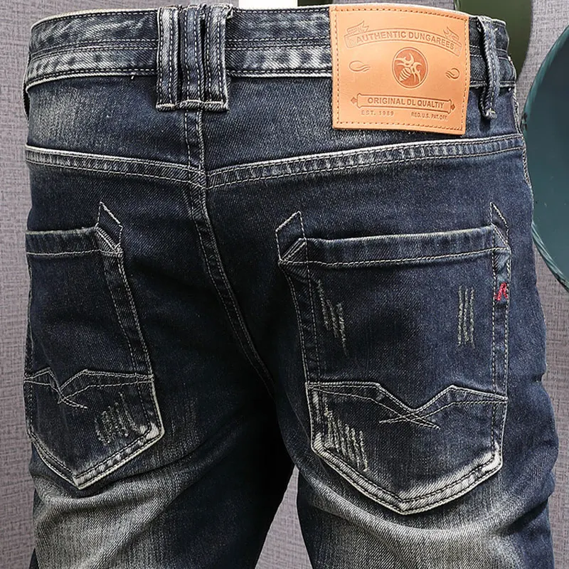 

Y2KFashion Designer Men Jeans High Quality Retro Washed Blue Stretch Slim Fit Ripped Jeans Men Trousers Vintage Denim Pants Homb