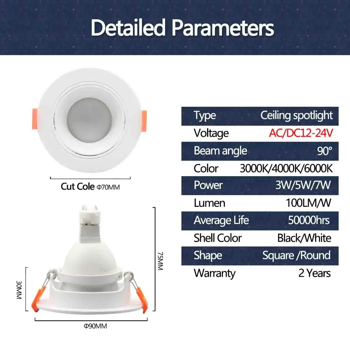 Foco de techo MR16 de 1-10 piezas, 7W, cc 12V 24V, GU5.3, Base de luz cálida, ángulo de luz giratorio ajustable para iluminación interior del hogar