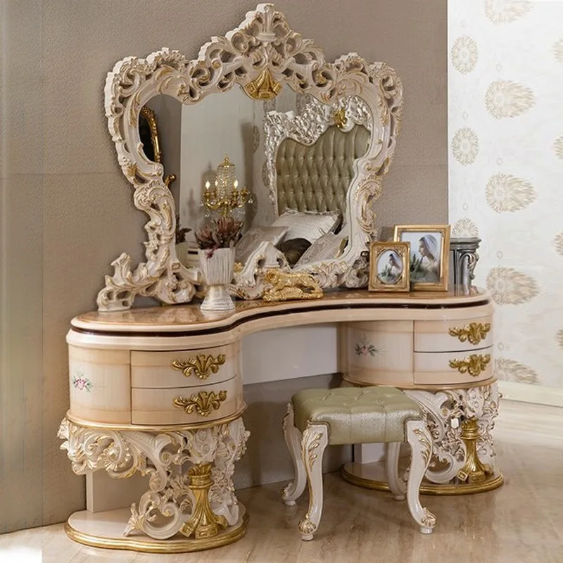 French Antique Solid Wood Carved Dressing Table Vanity with Mirror Drawers for Bedroom Makeup Retro