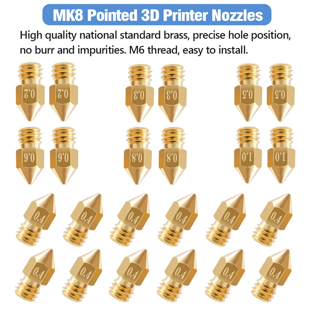 24pcs MK8 Ender 3 Nozzles 3D Printer Brass Nozzles Extruder for Ender 3 CR-10 0.2/0.3/0.4/0.5/0.6/0.8/1.0mm Printer Nozzle