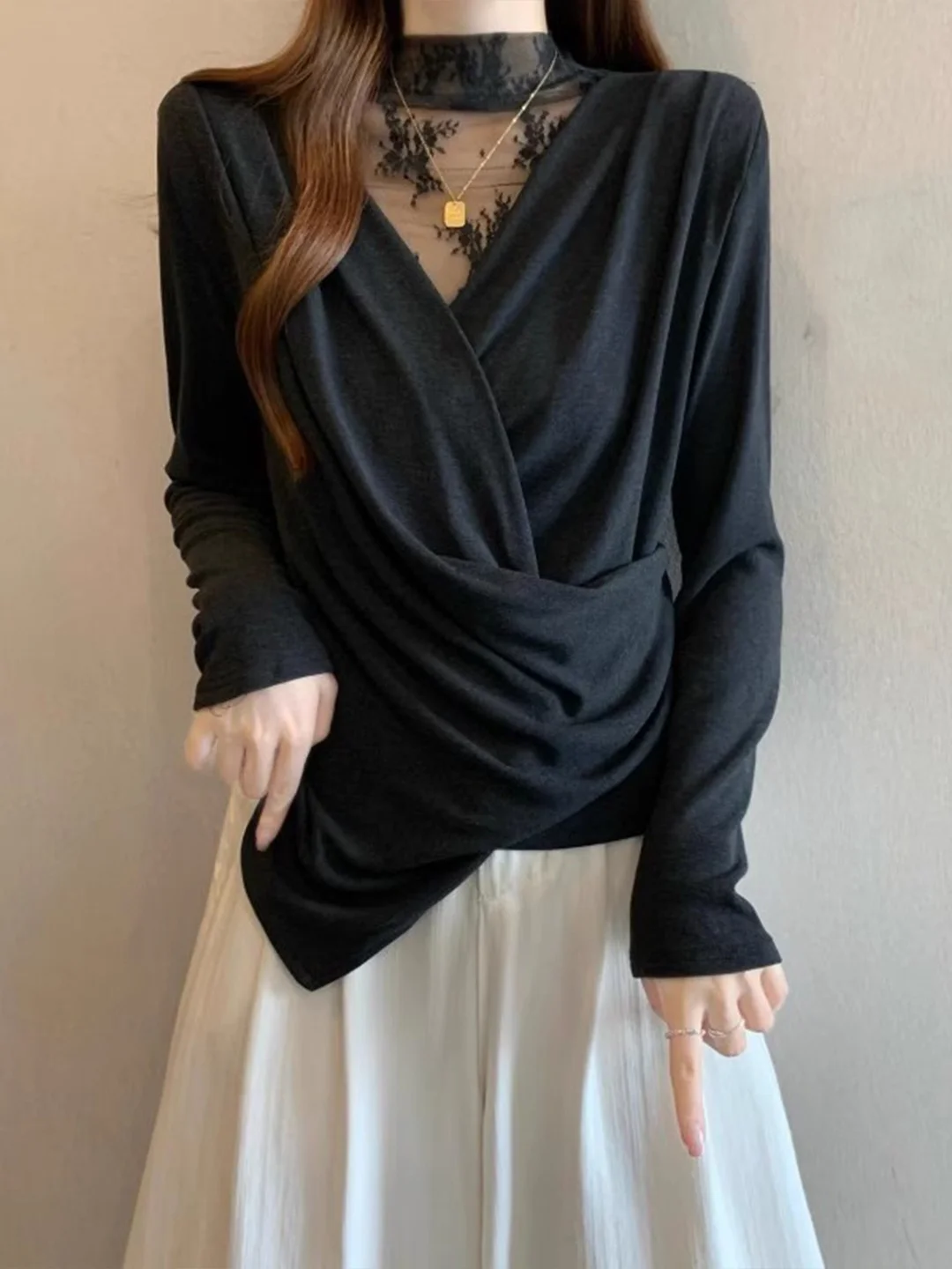 

Ele Lace Splice Long Sve T-irt Women's plus Size Autumn Winter Casual Loose Fit Asymmetric High Collar Top