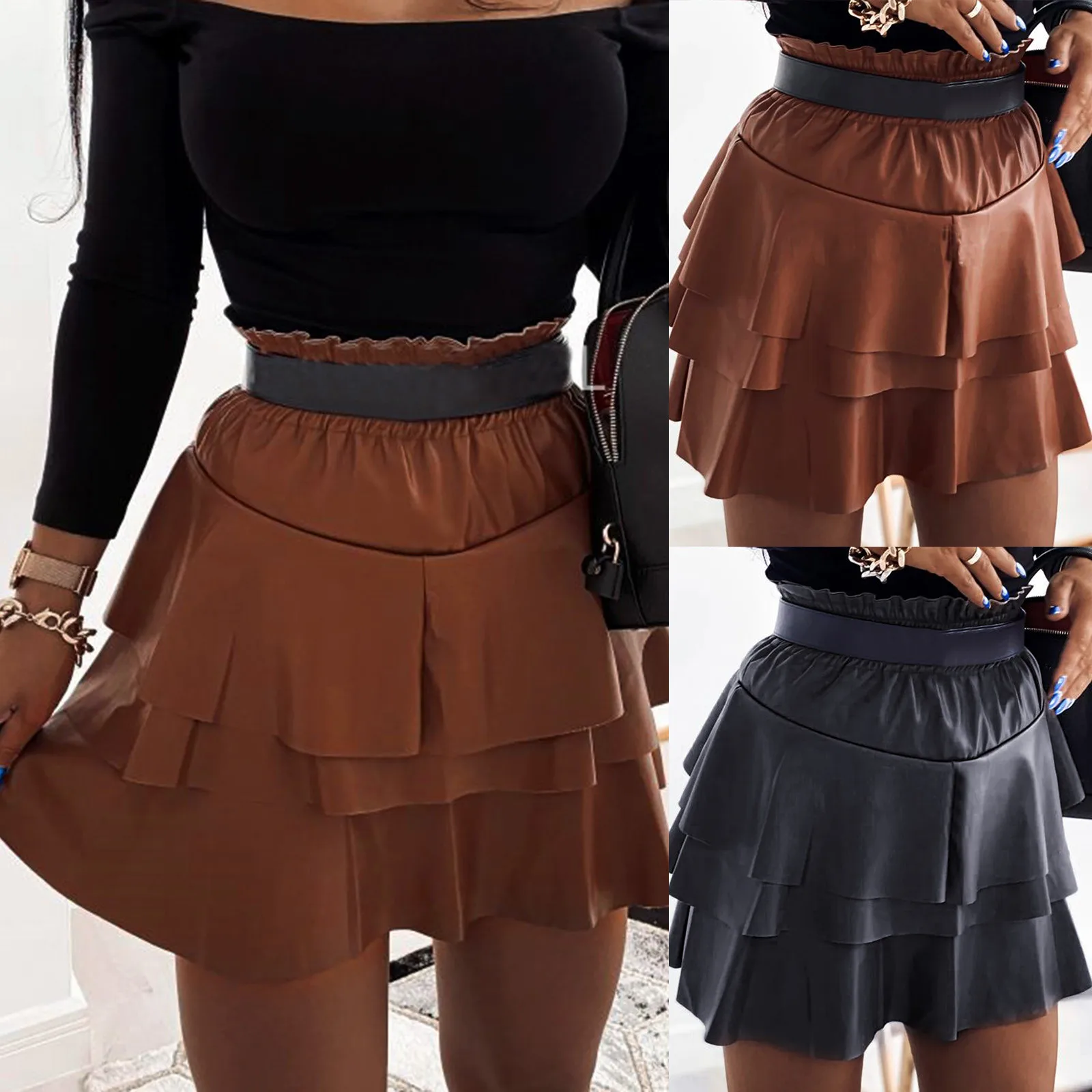 

Women Tulle Skirts Women Leather Skirts High Waist Mini Skirt Ruffles PU Buttocks Cake Skirt Female Carnival Festival Costume