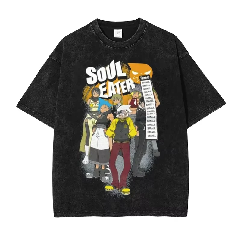 Manga Soul Eater Print Washed T-shirt Streetwear Trendy Cotton Oversized Unisex Retro Fashion Vintage Loose Y2k Short Sleeves