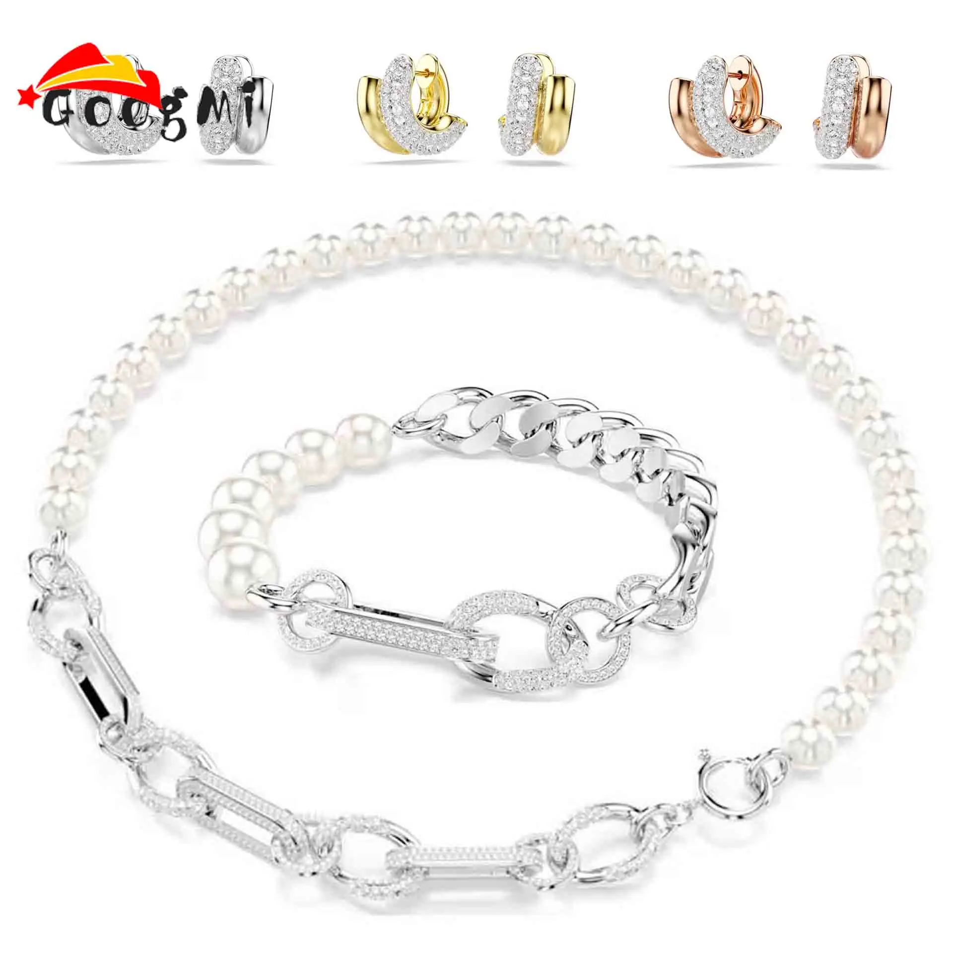 

Original 2026 Trendy Chain-Style Geometric Necklace Bracelet with Pearls Jewelry Set Inlaid Octagonal Earring Women's Party Gift