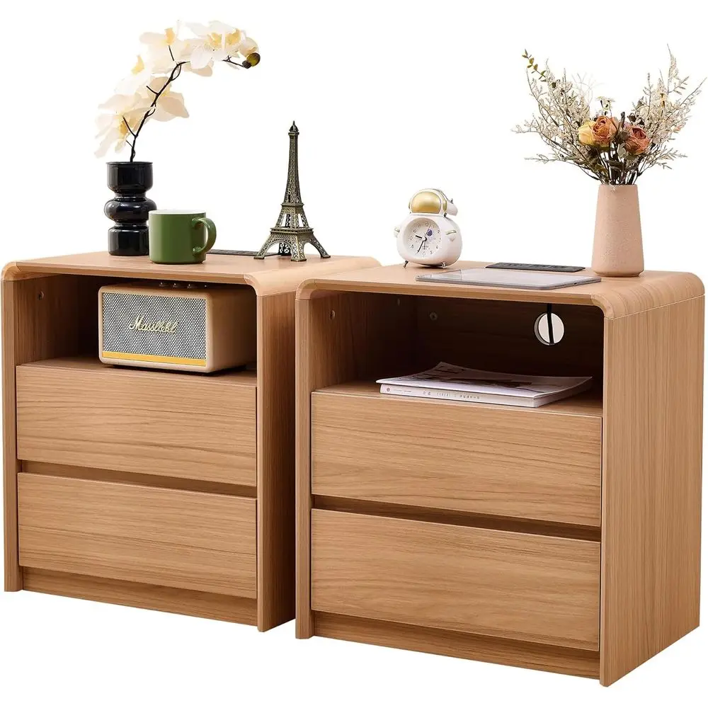 

Прикроватная тумбочка из кленового дерева с 2 ящиками и зарядной станцией, изогнутый дизайн для спальни