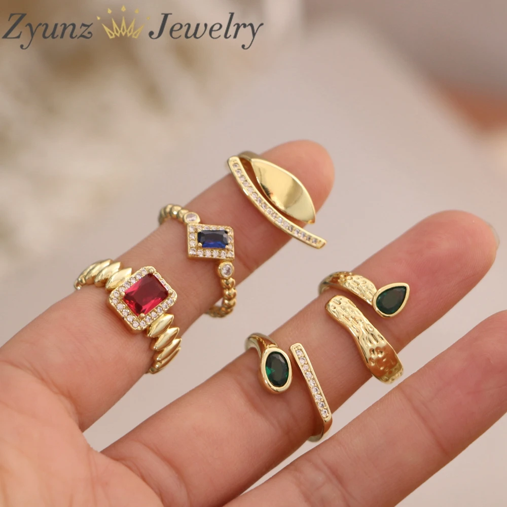 10pcs, Pink Green Crysta Geometric Ring Vintage Shiny Zircon  Open Ring for Women Punk Girl Party Jewelry Gifts