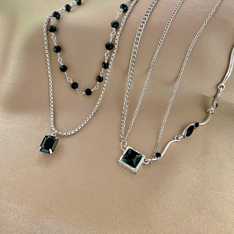 Black Square Pendant Double Layer Necklaces for Women Egirl Trendy Stainless Steel Silver Color Clavicle Chains Necklace Jewelry