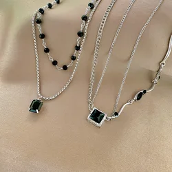 Black Square Pendant Double Layer Necklaces for Women Egirl Trendy Stainless Steel Silver Color Clavicle Chains Necklace Jewelry