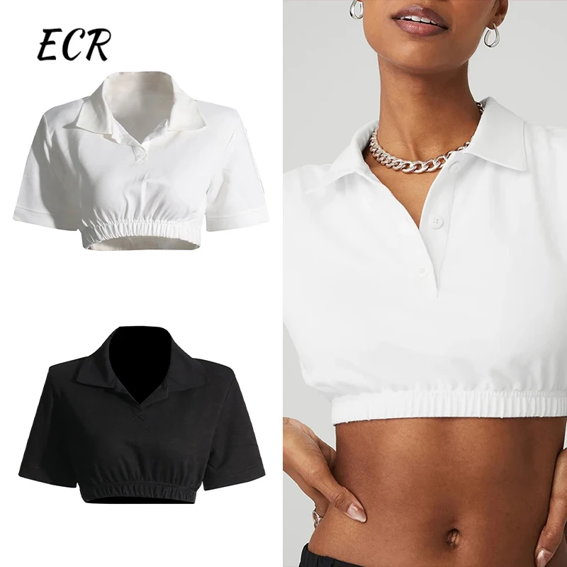 ECR Solid Patchwork Folds Sexy Super T Shirts For Women Lapel Short Sleeve Minimalist Slimming T Shirt Female Fashion Style New