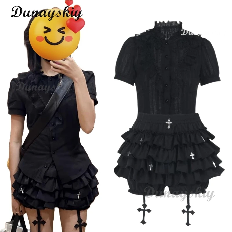 Vintage centro comercial gótico camisa negra falda Cos mujeres estilo palaciego oscuro ropa de calle textura Jacquard blusa manga encaje Patchwork camisa