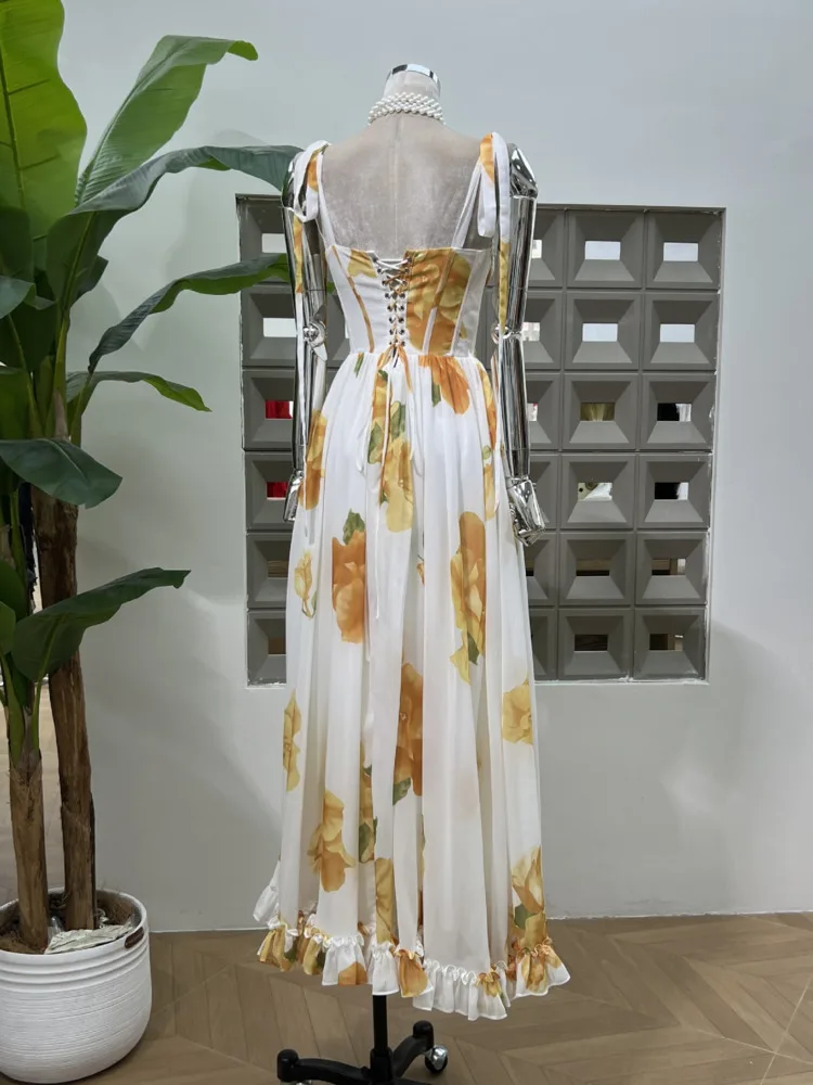 DFDG 2025 Damska Letnia Sukienka z Kwiatowym Nadrukiem, Rozkloszowana, z Wysokim Rozcięciem i Regulowanymi Ramiączkami, Styl Boho Chic, Sukienki Wieczorowe na Plażę