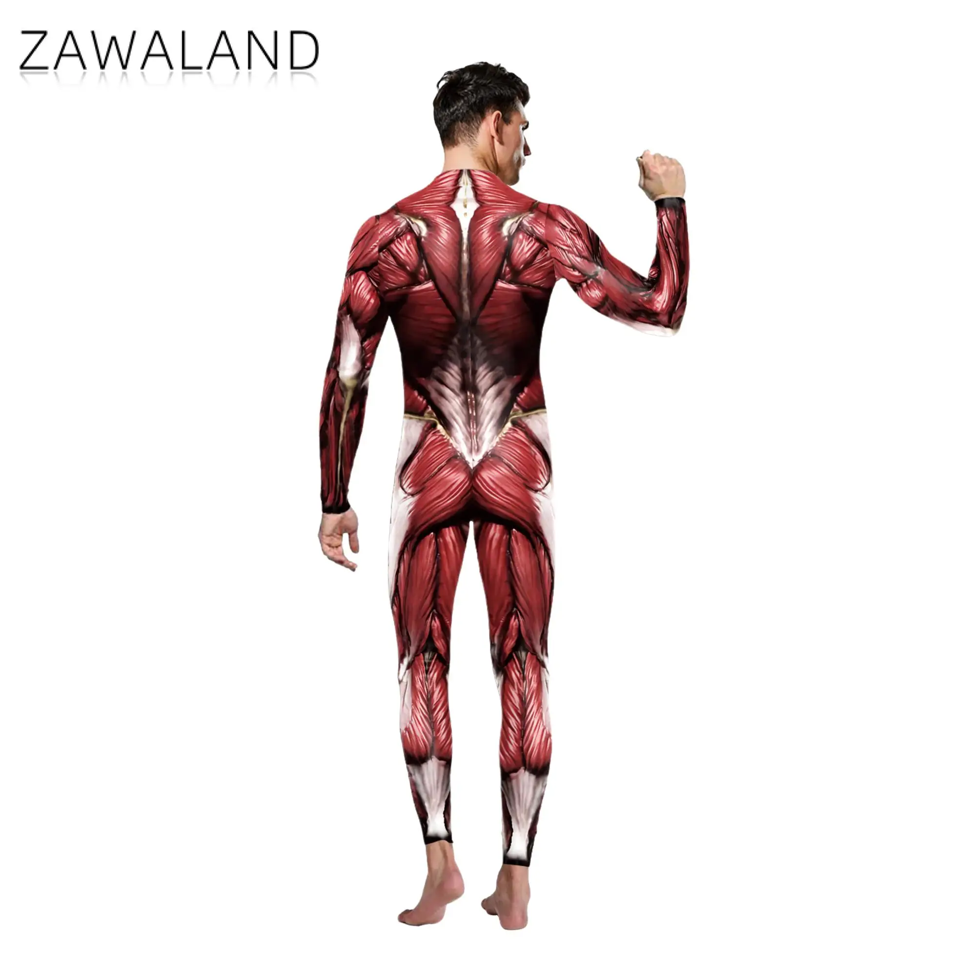 Zawaland Funny Muscle 3D Printing Purim Festival Party Zentai Bodysuit Women's Jumpsuits Halloween Cosplay Costumes for Men