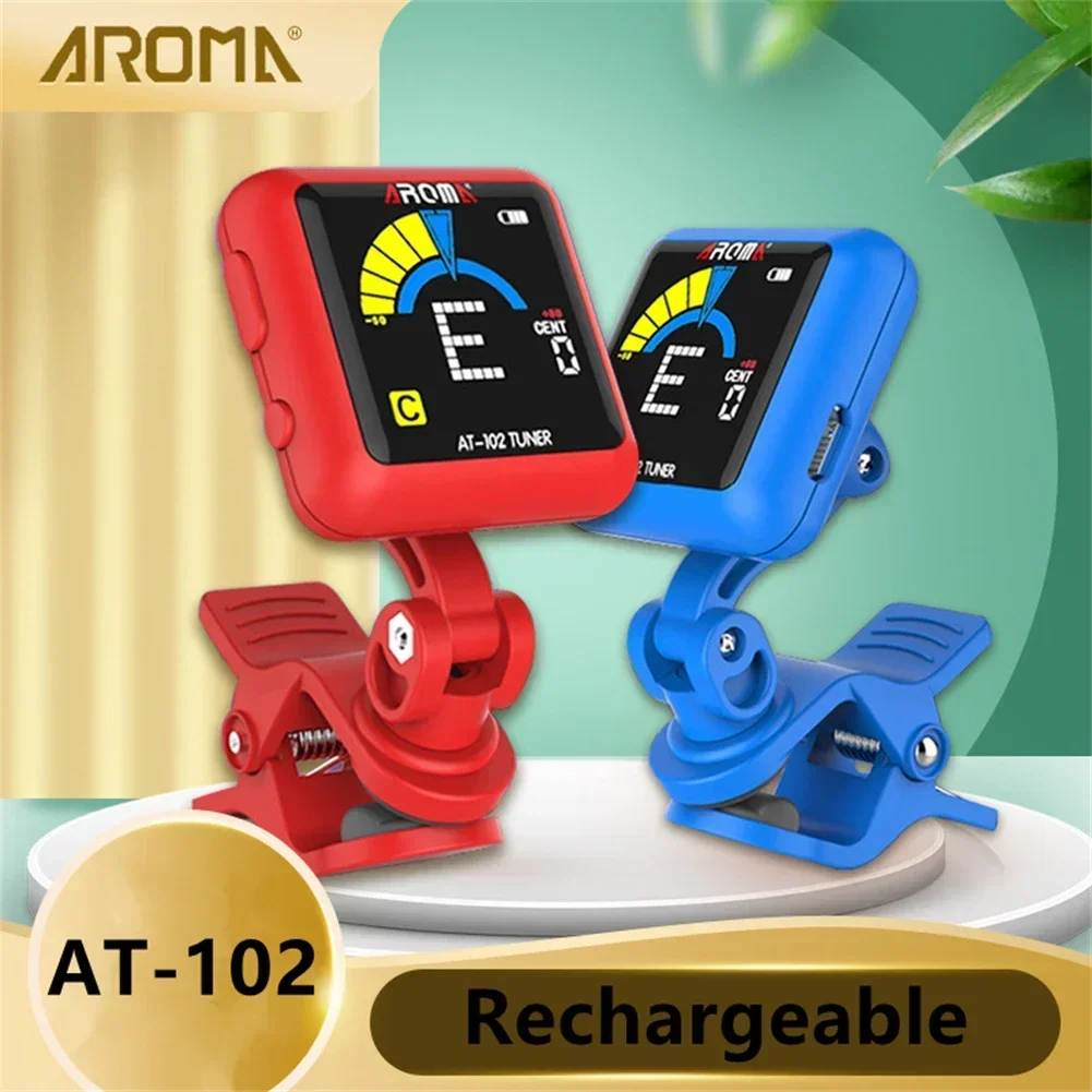 Aroma At-102 Rechargeable Clip-On Guitar Tuner Color Sn With Built-In Battery Usb Cable For Chromatic Guitar Bass Ukulele