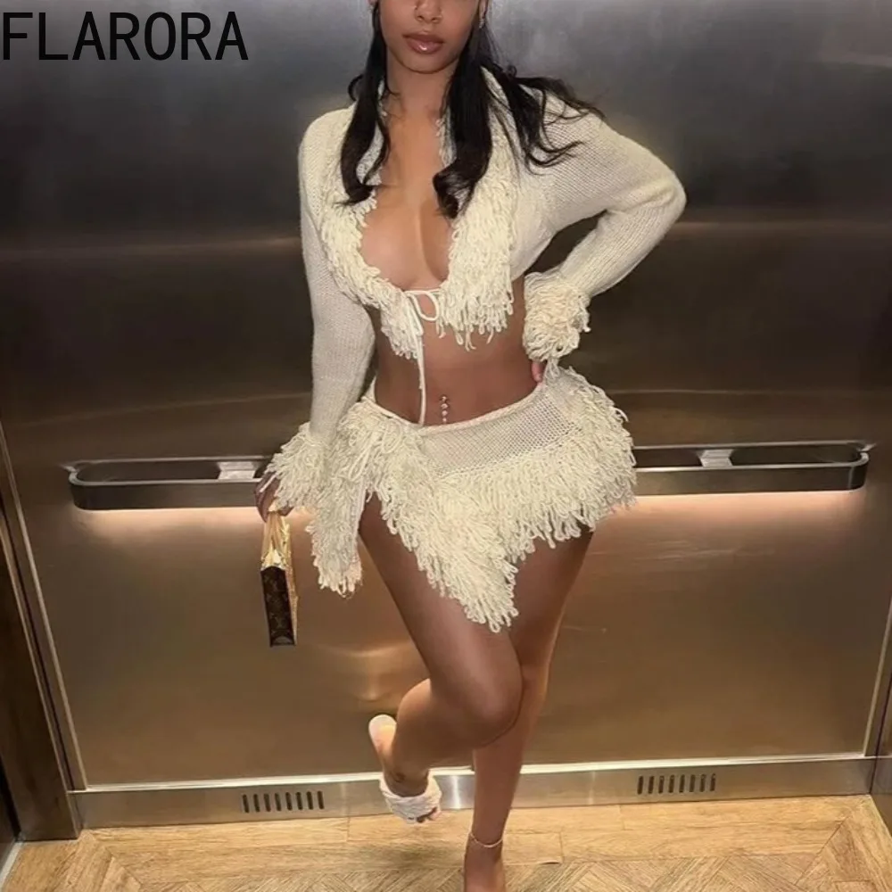 

FLARORA Sexy Knit Two Piece Sets Woman Deep V Long Sleeve Tassel Crop Tops And Irregular Skirts Outfits Midnight Party Clubwear