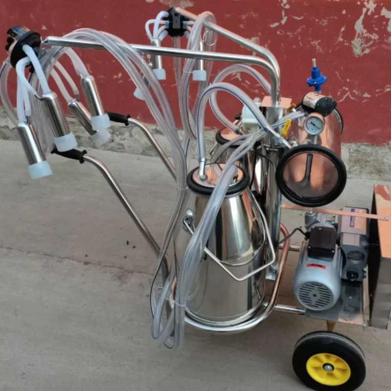 Portable Stainless Steel Double Bucket Integrated Vacuum Pump Pulsating Milking Machine Goat Cattle Sheep Cow Milker Mobile