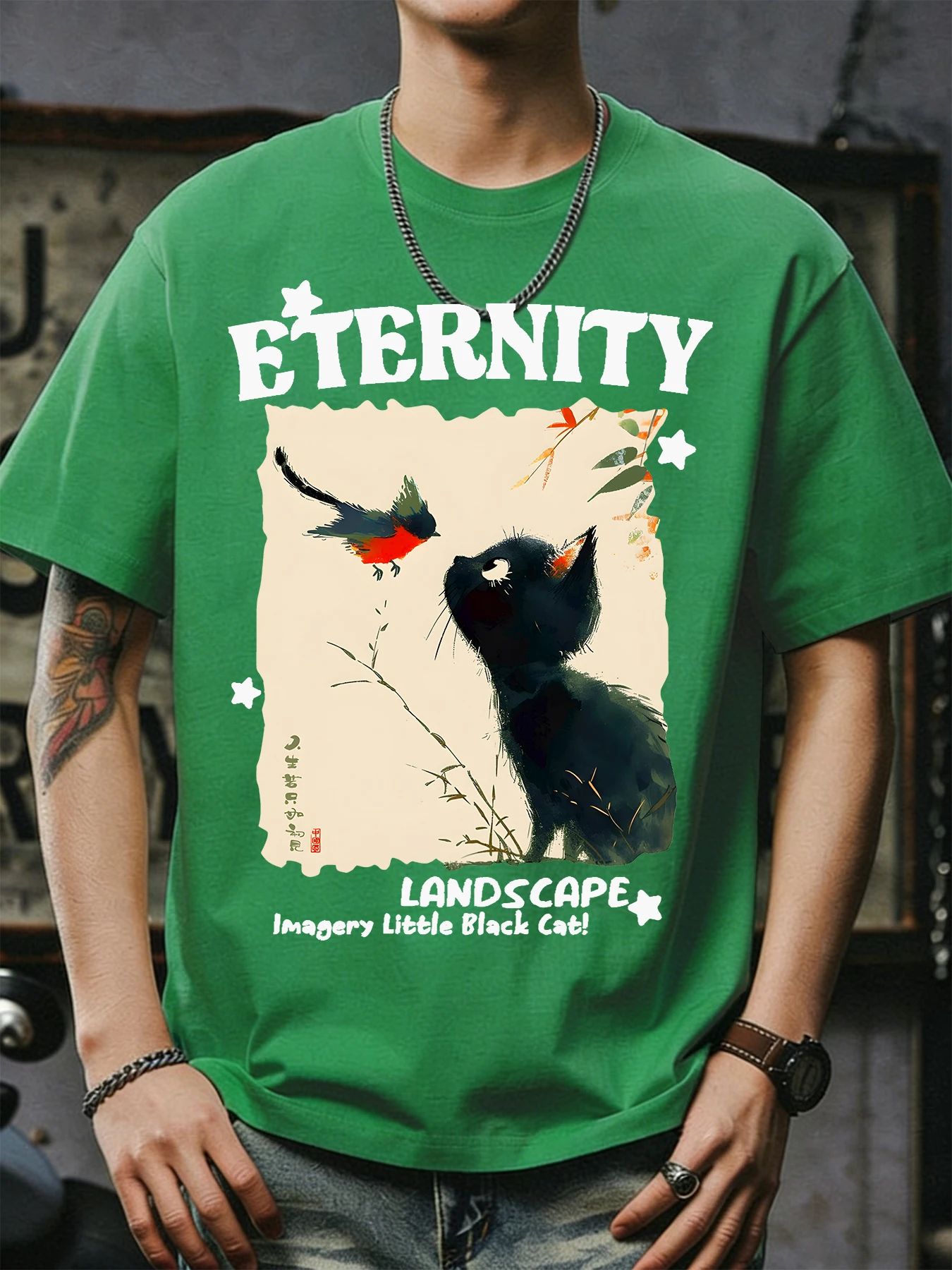 Eternity Landscape Imagery Black Cat Cotton Retro T-Shirt Men's Summer Casual Oversize Tops Street O-Neck Distressed Streetwear