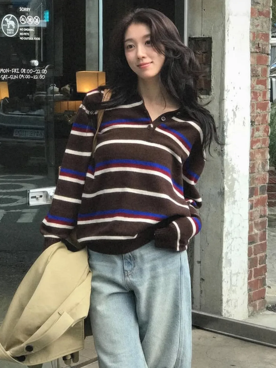 Outono Inverno Casual Listrado Ne Malhas Feminino Preguiçoso Solto Top Overhead Sle Confortável Fit Faionable Listrado Swe...